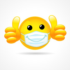 Emoji smile face with protective mouth mask showing thumb up. Yellow emoticon 3D smiling icon in a white surgical mask. Reaction to comment for social distance illustration