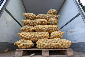 Onion bags are loaded on pallets in the car