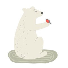 Hand drawn polar bear and bullfinch. Vector illustration.