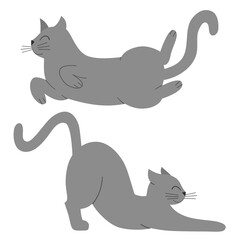 Two stretching cats. Set of grey kittens. Vector illustration.