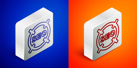Isometric line SEO optimization icon isolated on blue and orange background. Silver square button. Vector.