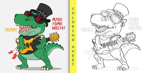 Fototapeta premium Cartoon crocodile rock star, Coloring sheet 