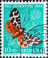Fototapeta na wymiar Switzerland - Circa 1954 : a postage stamp printed in the swiss showing a brown bear butterfly (Arctia caja) on dandelion