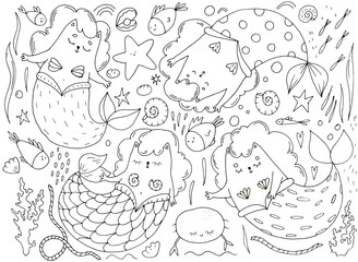 set of cute mermaid cats in doodle style, linear drawing, childrens illustration, decor, design, print