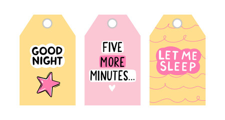 Cute vector tags with sleep quotes. Vector cards collection. Colorful Labels, badges design.