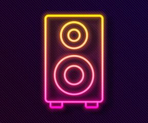 Glowing neon line Stereo speaker icon isolated on black background. Sound system speakers. Music icon. Musical column speaker bass equipment. Vector.