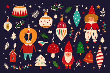 Fototapeta premium Christmas decorative banner with funny Santa Claus, vintage Christmas toys, Christmas tree and holiday elements. Christmas Greeting card. Christmas pattern