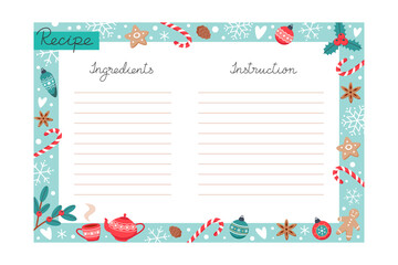 Christmas holiday baking recipe template with ingredients and instructions copy space