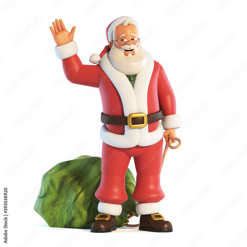 Wall mural Santa Claus waving with one hand and holding the sack in the other isolated on white background 3d rendering