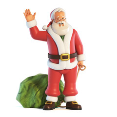 Santa Claus waving with one hand and holding the sack in the other isolated on white background 3d rendering