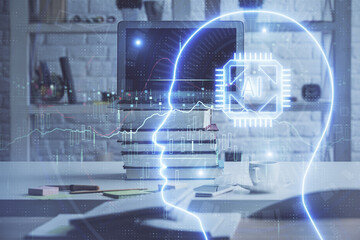 Fototapeta premium Double exposure of work space with computer and human brain drawing hologram. Brainstorm concept.