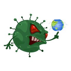 Germ with angry eyes, mouth and teeth spins earth planet on hand. Vector virus spread on earth, infection and illness handover. Coronavirus flu idea isolated on white background