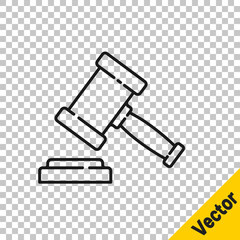 Black line Judge gavel icon isolated on transparent background. Gavel for adjudication of sentences and bills, court, justice. Auction hammer. Vector.
