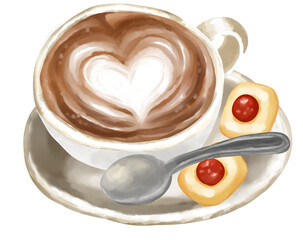ハートのカプチーノとクッキーのセット　イラスト素材
