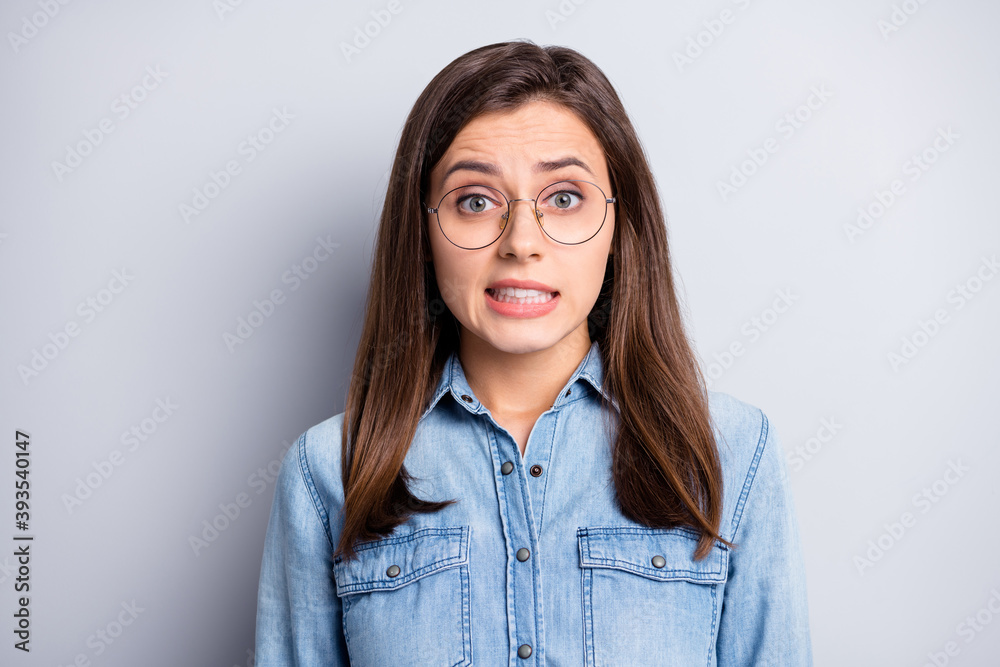 Sticker close up photo of charming horrified young person eyewear hard question isolated on grey color backg