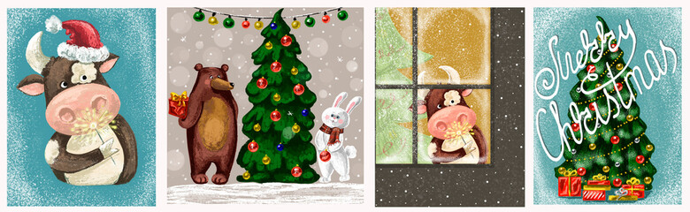 A set of illustrations of winter holidays with funny animals: a goby in a Santa Claus hat, a bear and a hare near the Christmas tree, gifts. Drawings for postcards