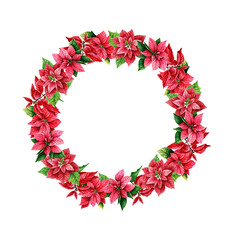 Watercolor Christmas Holly branches wreath. For card Design, invitations. Watercolor hand drawn isolated Holly branches frame. Red flowers. Winter holiday. White background