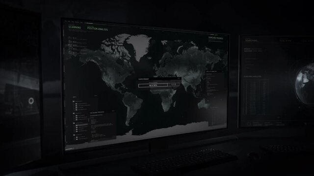 Authentication protocol into the most advanced spying technology. Computer user interface loading. Searching for a target. The criminal was found in the capital of the north america.