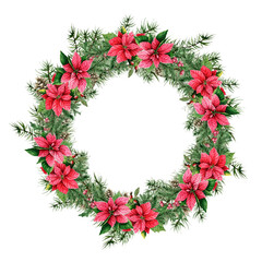 Watercolor Christmas Holly branches, berries and Spruce branches wreath. For card Design, invitations. Watercolor hand drawn isolated Holly branches and Fir wreath. Winter holiday. White background