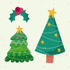 merry christmas, trees with stars and holly berry ball decoration ornament season icons