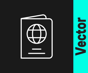 White line Passport with biometric data icon isolated on black background. Identification Document. Vector.