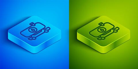 Isometric line Fuel tanker truck icon isolated on blue and green background. Gasoline tanker. Square button. Vector.