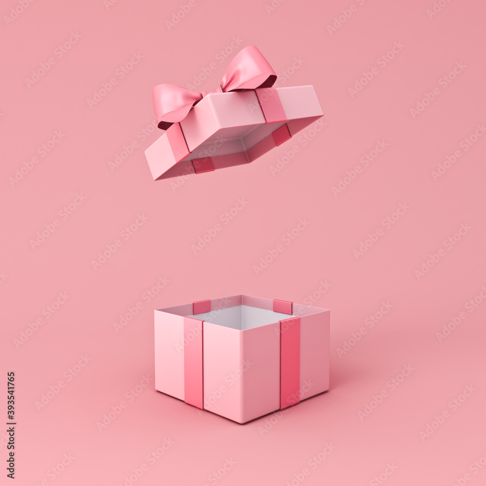 Poster blank open pink gift box or present box with pink ribbon bow isolated on light pink orange pastel co