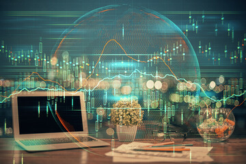 Multi exposure of chart and financial info and work space with computer background. Concept of international online trading.