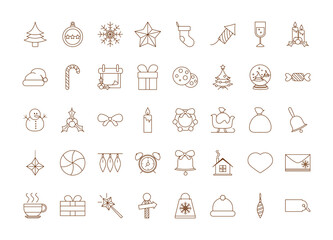 merry christmas, decoration celebration party season icons set line style