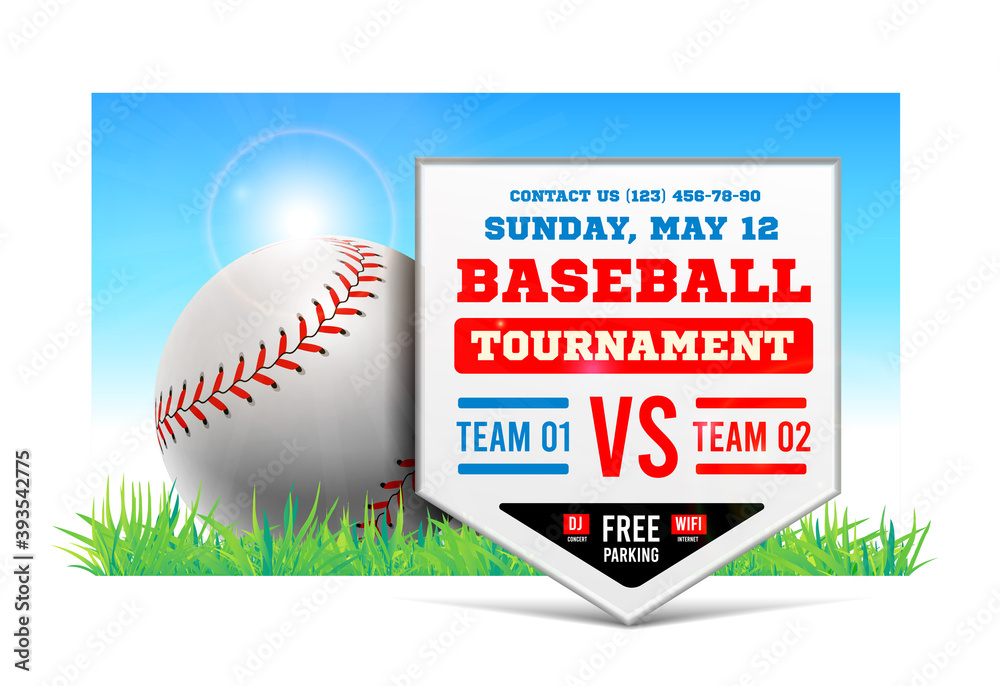 Wall mural Baseball plate on the background of the grass field. Vector. Baseball game announcement.