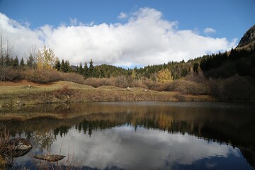 Autumn forest lake water view. Forest lake water in autumn. Autumn forest lake. Autumn forest lake view