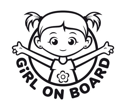 Vector black symbol with the inscription: Girl on board. Picture of a little girl with ponytails. Isolated on white background.