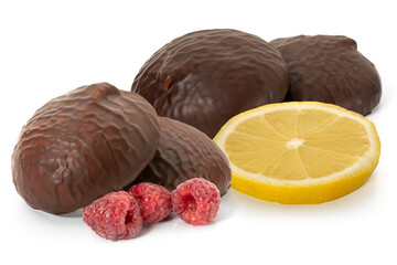Lemon and raspberry marshmallow in chocolate on white background. Full depth of field. With clipping path.