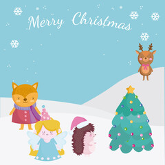 merry christmas, greeting card with deer fox angel in the snow with tree