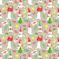 Watercolor Christmas seamless pattern with gnomes, gift box, red bow, mistletoe leaves, star and christmas sock. Cute illustration on silver grey background for wrapping, New year decor, print design