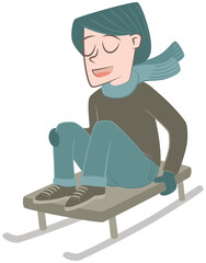 Boy riding a snow sled. Retro style illustration of a boy playing with his sled on the snow.