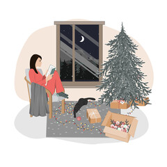 A cute relaxed girl sitting in a chair and reading. Hygge xmas mood, Christmas interior vector illustration