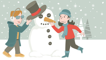 Two children make a snowman. Retro style banner of a kids making a snowman.