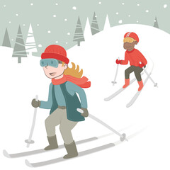 Two kids skiing in the snow. Retro style banner of two kids skiing in the snow.