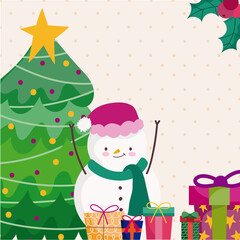 merry christmas snowman cartoon tree and gift boxes