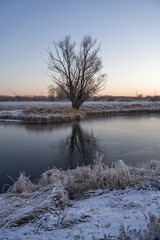 Breath of winter, first ice on the lake, dawn on a frosty morning with frost on the grass, close-up of frost, patterns on the first ice.