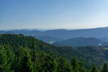 Fototapeta na wymiar View of Black Forest and the Vosges mountain range from platform at Schliffkopf mountain, Baden-Württemberg, Germany