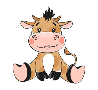Cute cartoon bull, flat design. Baby bull, symbol of 2021, clip-art with animal isolated on white background. Stock vector illustration. Happy New Year 2021 of the Ox, Taurus