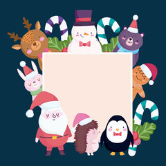 merry christmas, cute characters animals candy canes and holly banner