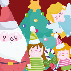 merry christmas, cute santa angel and helpers with tree decoration