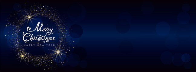 Merry Christmas and Happy New Year 2021. Greeting card with hand drawn lettering gold glittering round on blue background. For cover social network, invitations, banner, poster. Vector illustration.