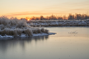 Breath of winter, first ice on the lake, dawn on a frosty morning with frost on the grass, close-up of frost, patterns on the first ice.