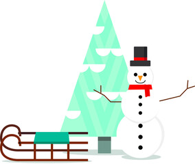 vector snowman near the Christmas tree and sleigh. a sled with a snowman stands near the tree.