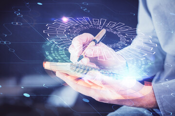 Writing human hands with tech theme multi exposure icons.