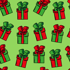 seamless vector pattern with color gift boxes on the green background